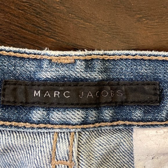 VTG Y2K Marc Jacobs Distressed Tattoo Spider Web Printed Blue Denim Jeans Sz 8 - Picture 8 of 12